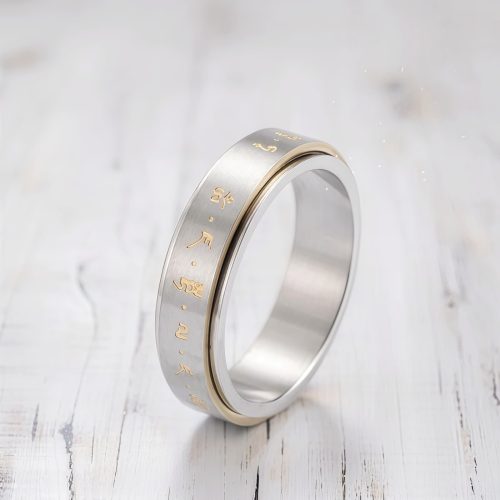 Anillo giratorio de acero de titanio con mantra tibetano Anillo giratorio de acero de titanio con mantra tibetano