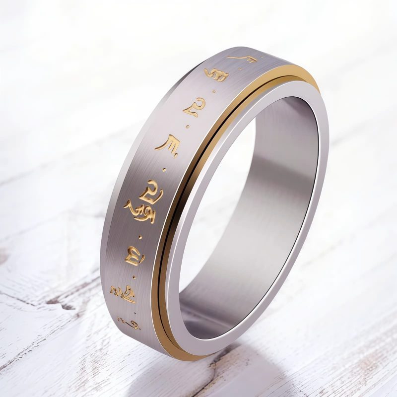 Anillo giratorio de acero de titanio con mantra tibetano Tibetan Mantra Rotatable Titanium Steel Ring