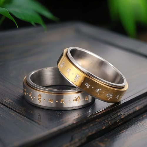 Anillo giratorio de acero de titanio con mantra tibetano Anillo giratorio de acero de titanio con mantra tibetano
