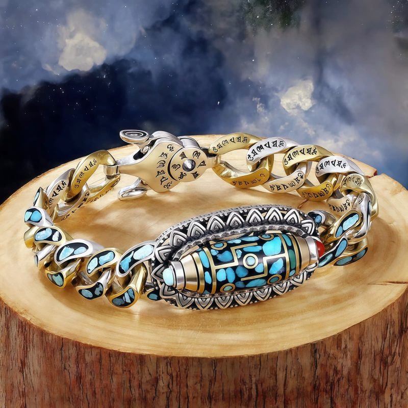 Pulsera de Protección con Ojo de Tigre Tibetano de Nueve Ojos y Turquesa Tibetan Nine-Eye Dzi Bead Turquoise Protection Bracelet
