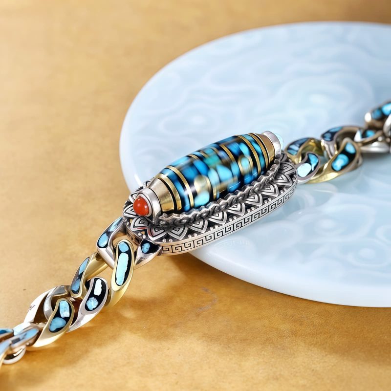 Pulsera de Protección con Ojo de Tigre Tibetano de Nueve Ojos y Turquesa Tibetan Nine-Eye Dzi Bead Turquoise Protection Bracelet