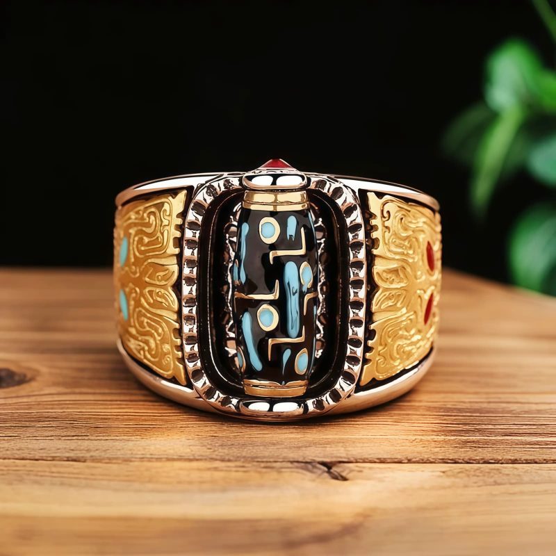 Anillo de riqueza giratorio con Dzi de nueve ojos tibetano Tibetan Nine-Eye Dzi Rotatable Wealth Ring