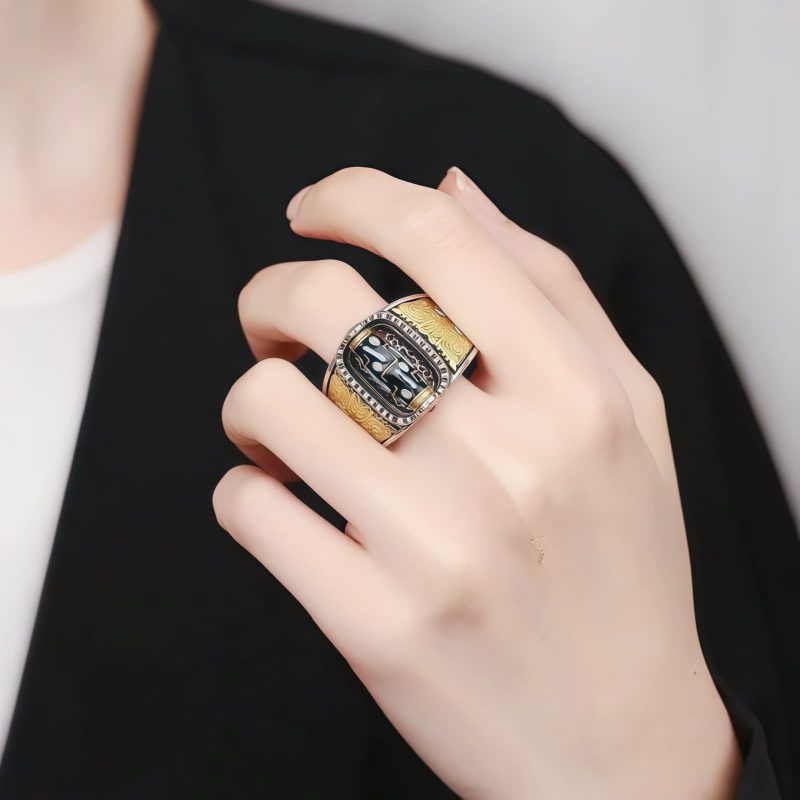 Anillo de riqueza giratorio con Dzi de nueve ojos tibetano Tibetan Nine-Eye Dzi Rotatable Wealth Ring