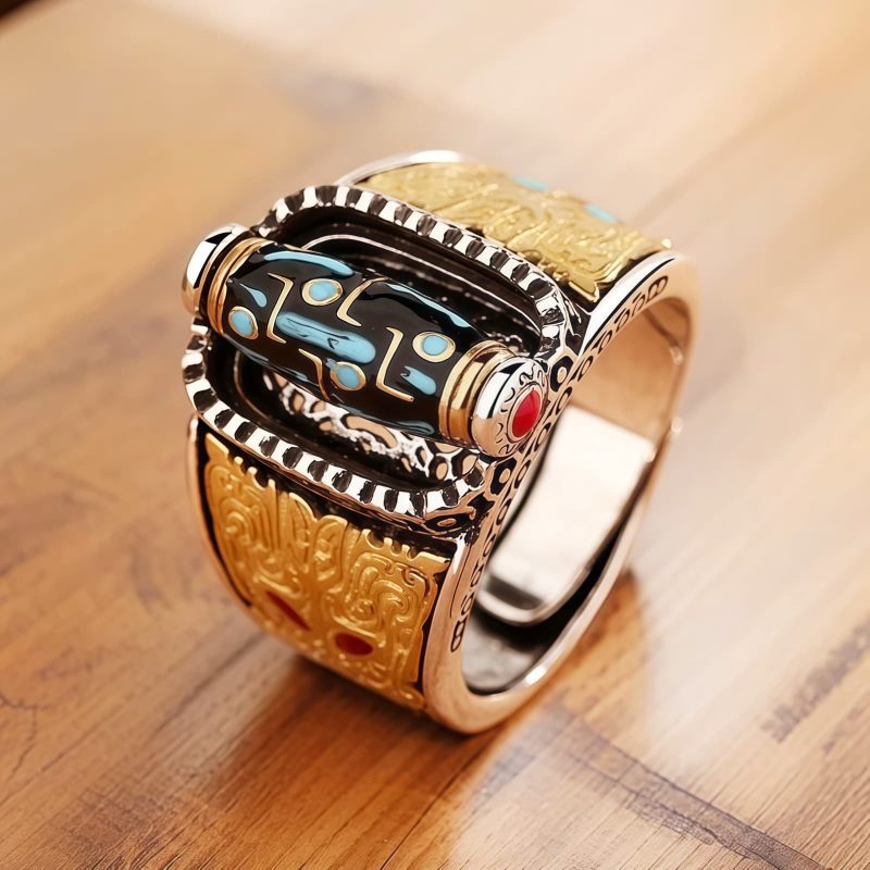 Anillo de riqueza giratorio con Dzi de nueve ojos tibetano Tibetan Nine-Eye Dzi Rotatable Wealth Ring