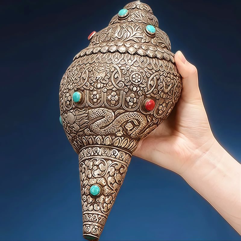 Decoración para el Hogar con Concha Shankha Tibetana y Ocho Símbolos Auspiciosos Tibetan Shankha Conch Shell Home Decoration with Eight Auspicious Symbols