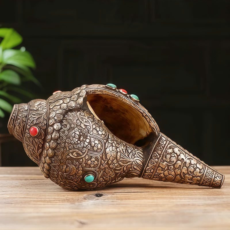 Decoración para el Hogar con Concha Shankha Tibetana y Ocho Símbolos Auspiciosos Tibetan Shankha Conch Shell Home Decoration with Eight Auspicious Symbols