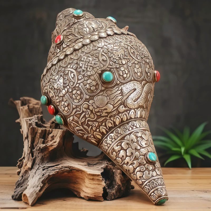Decoración para el Hogar con Concha Shankha Tibetana y Ocho Símbolos Auspiciosos Tibetan Shankha Conch Shell Home Decoration with Eight Auspicious Symbols