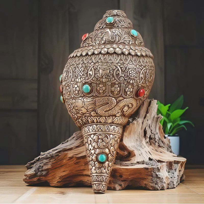 Decoración para el Hogar con Concha Shankha Tibetana y Ocho Símbolos Auspiciosos Tibetan Shankha Conch Shell Home Decoration with Eight Auspicious Symbols