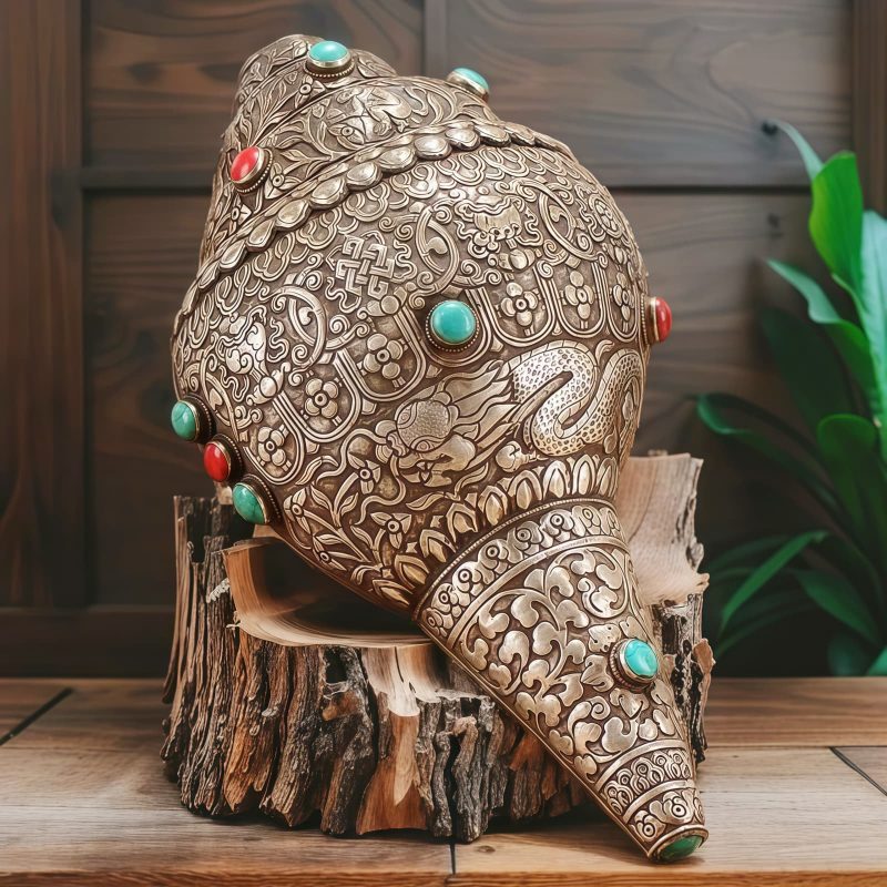 Decoración para el Hogar con Concha Shankha Tibetana y Ocho Símbolos Auspiciosos Tibetan Shankha Conch Shell Home Decoration with Eight Auspicious Symbols