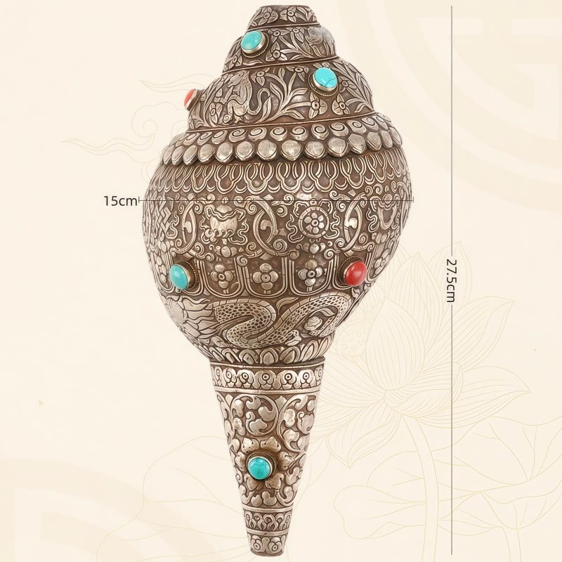 Decoración para el Hogar con Concha Shankha Tibetana y Ocho Símbolos Auspiciosos Tibetan Shankha Conch Shell Home Decoration with Eight Auspicious Symbols