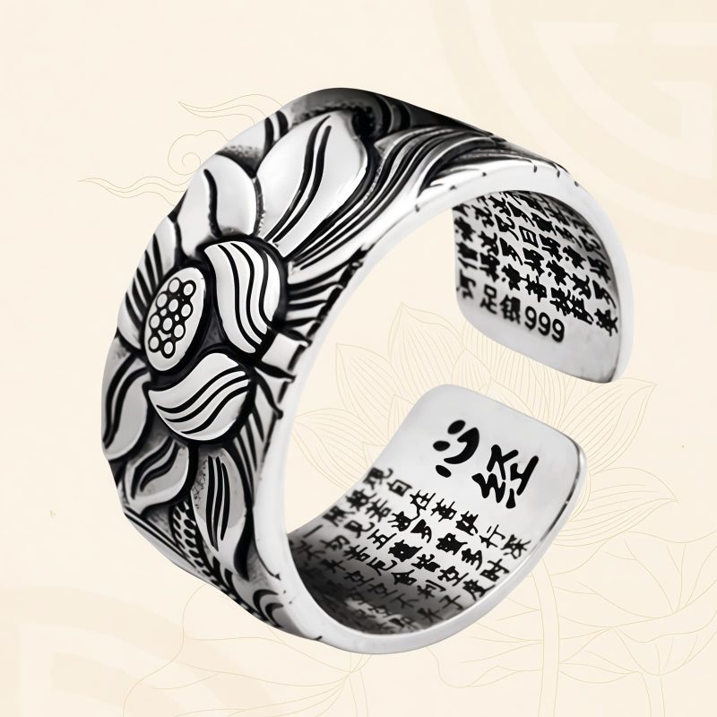 Anillo de Iluminación de Cobre Blanco Tibetano con Loto Tibetan White Copper Enlightenment Ring with Lotus