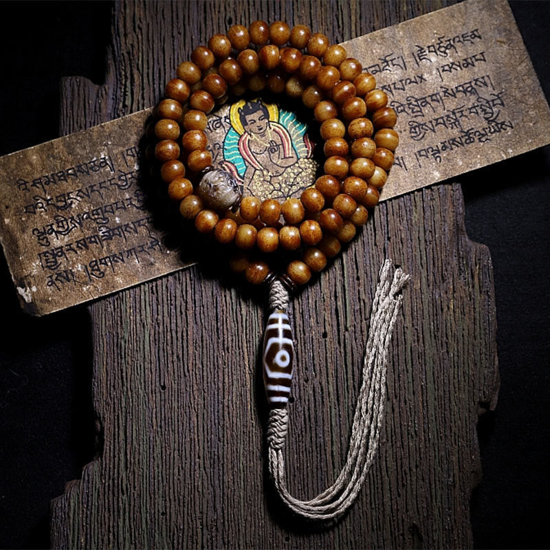 Tibet 108 Mala Yak Bone Three-eyed Dzi Bead Bracelet