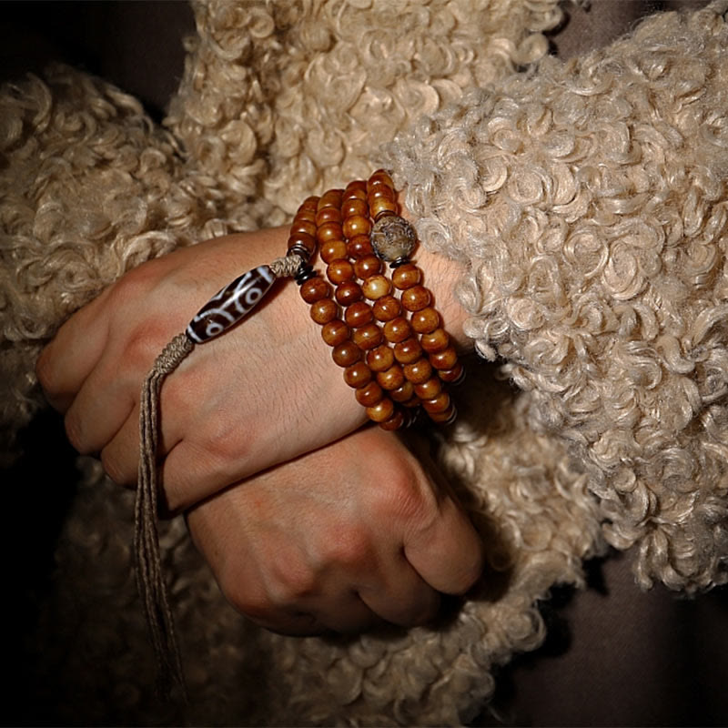 Tibet 108 Mala Yak Bone Three-eyed Dzi Bead Bracelet