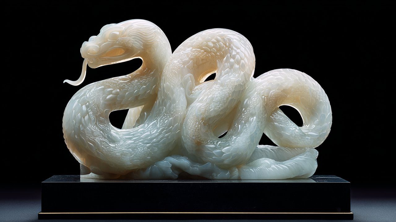 Jade snake statuette shedding skin, symbolizing transformation and rebirth.