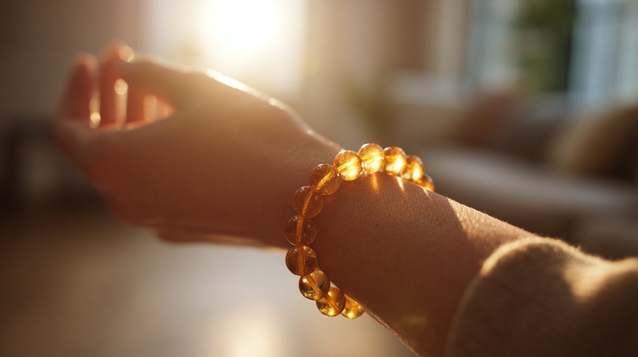 Muñeca de mujer luciendo una radiante pulsera de citrino bajo la suave luz del sol.