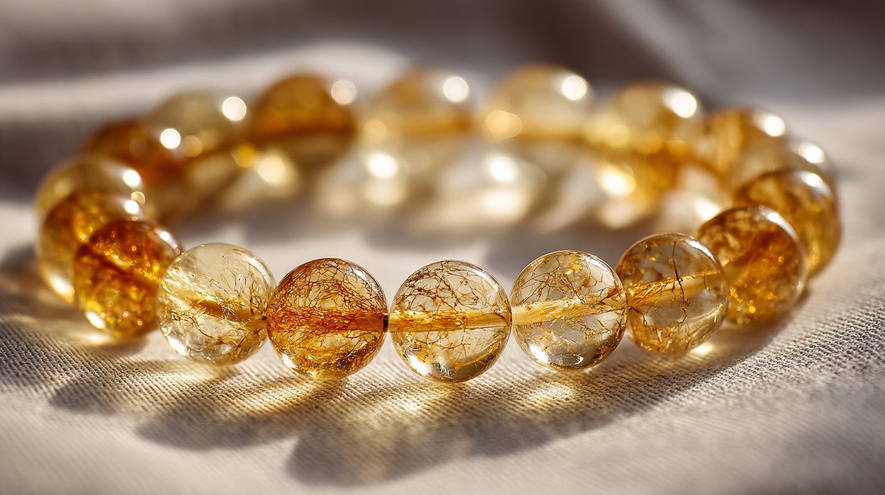 Fotografía detallada de producto de una pulsera de cuentas de citrino.