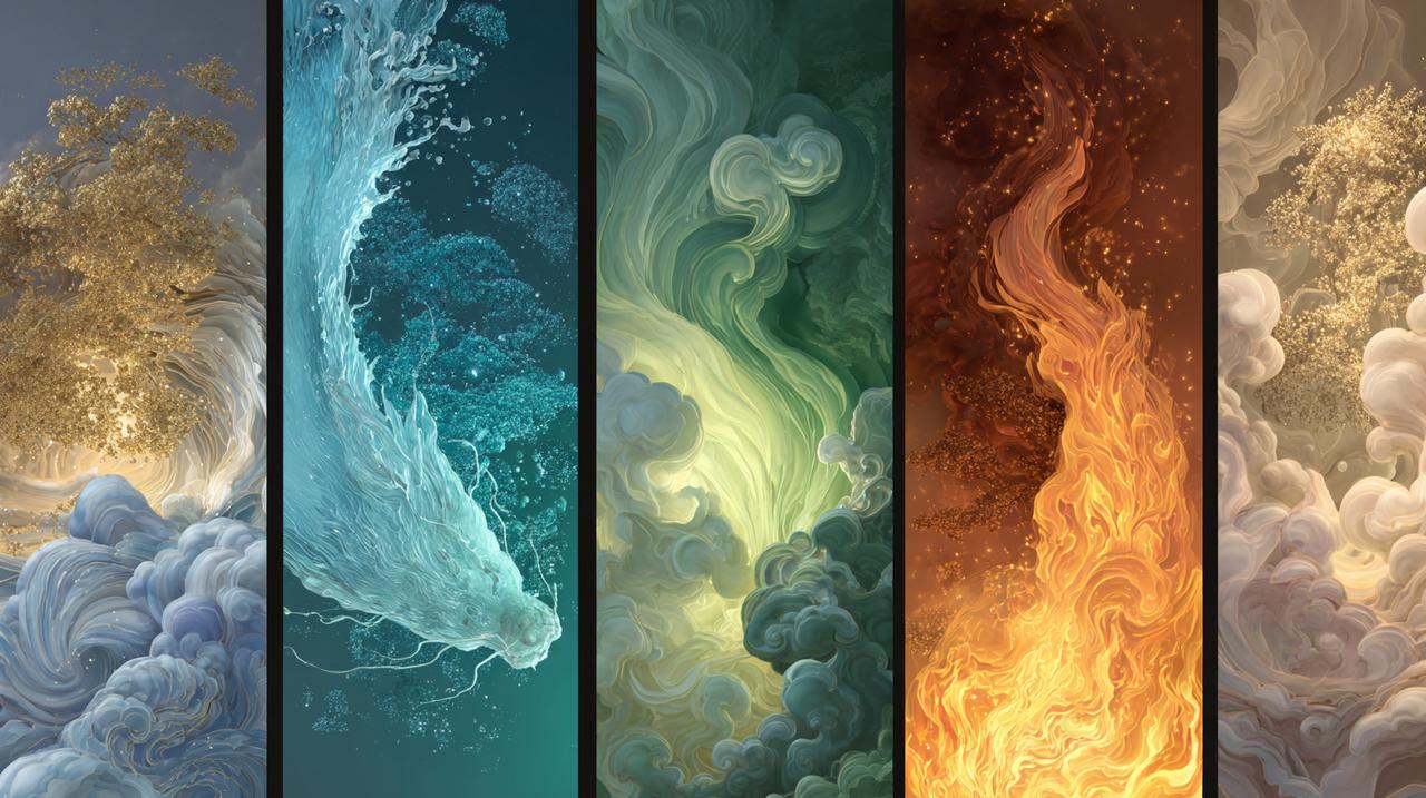 Symbolic representation of the Five Elements: Water, Wood, Fire, Earth, Metal.
