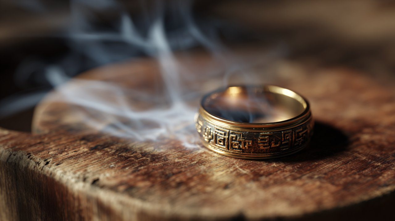 A subtle and elegant Feng Shui ring with ancient symbols.