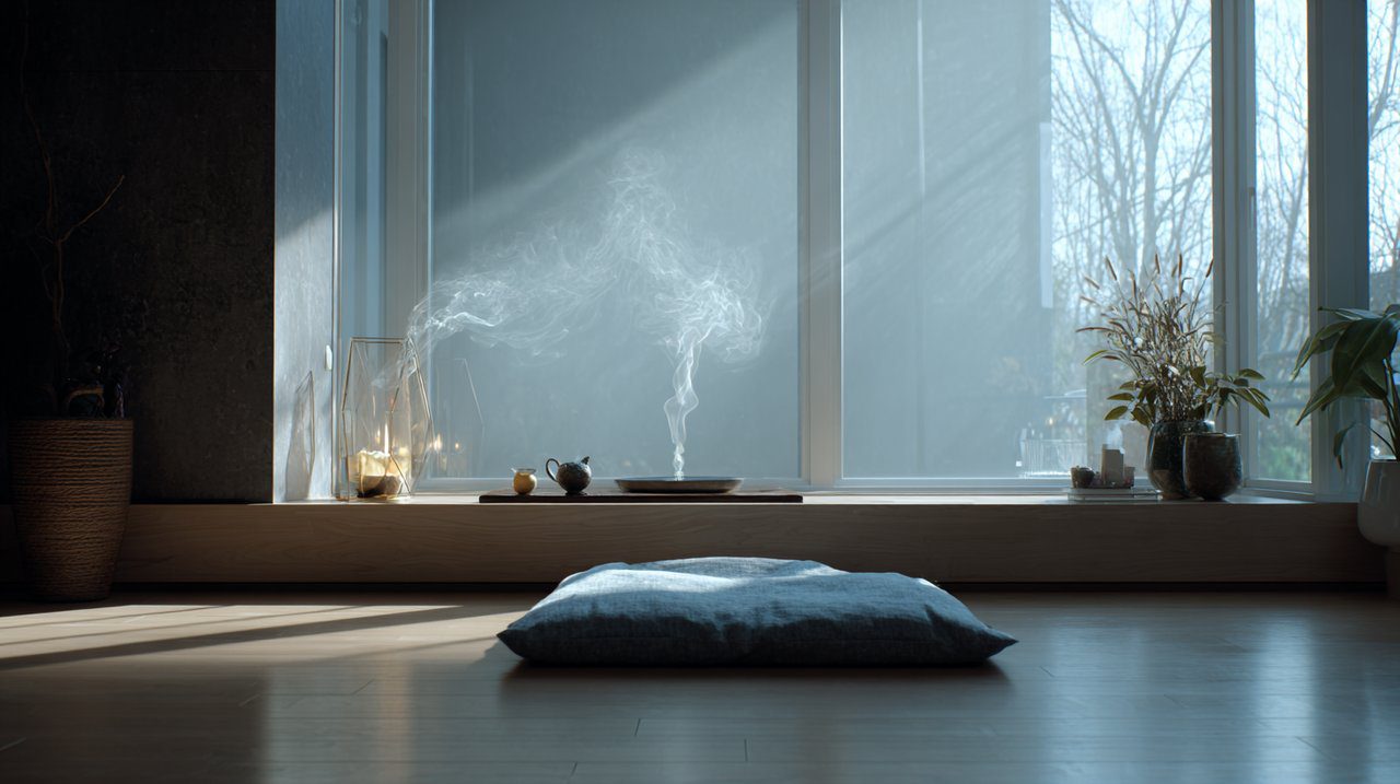 Un espacio de meditación sereno dentro de un hogar elegante y minimalista, bañado por una suave luz natural.