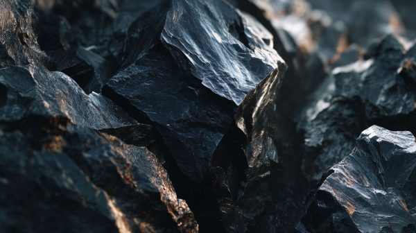 Batu obsidian hitam mentah dengan tepi tajam.