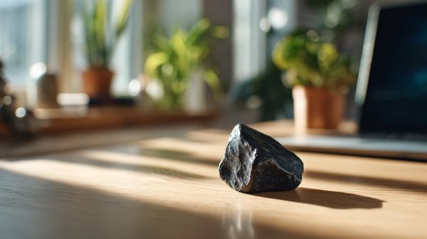 Batu obsidian hitam di atas meja modern di kantor rumah.