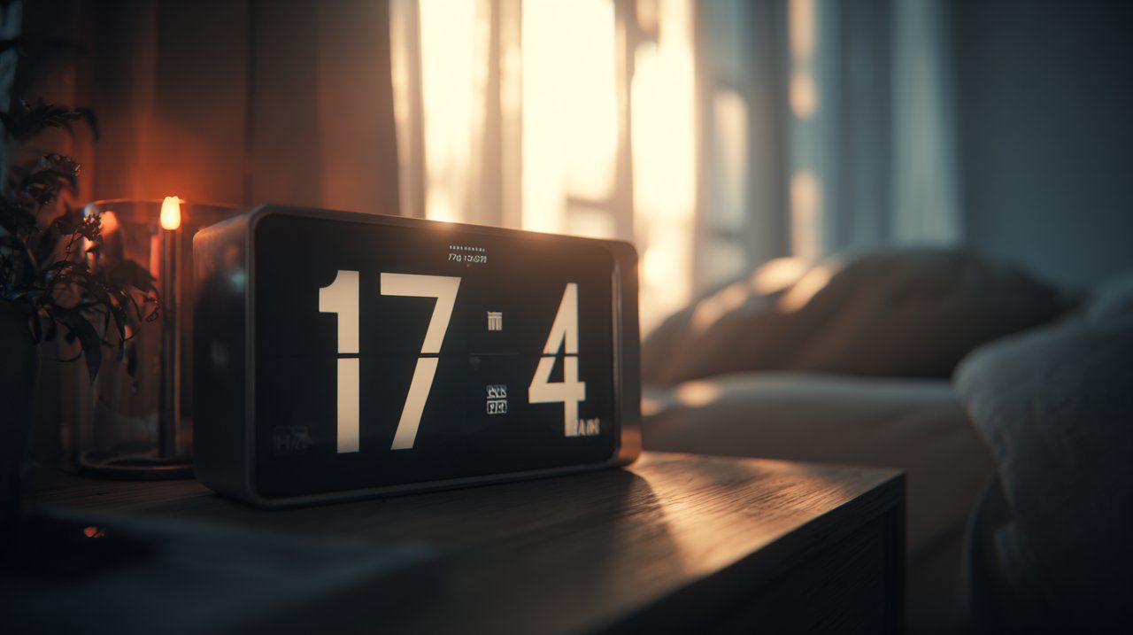 Um relógio digital exibindo o número 174 com luz suave da manhã.