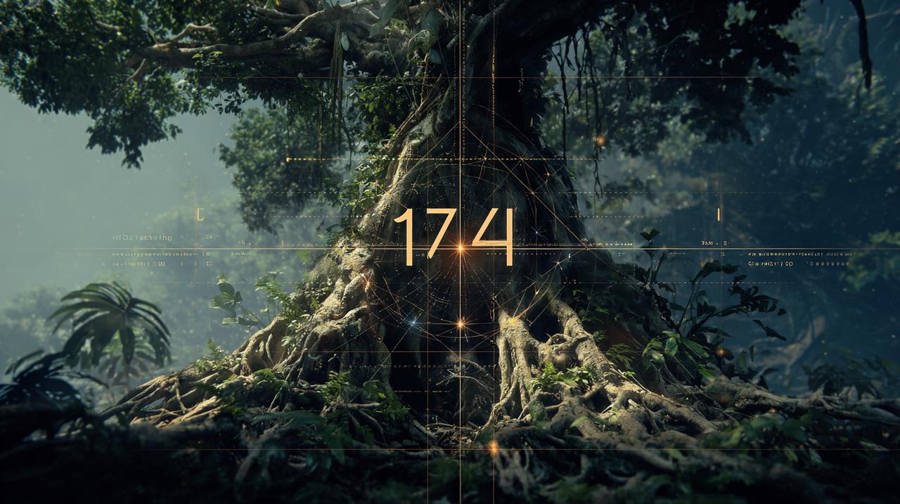 Imagem conceptual que combina crescimento espiritual e fundações práticas para o número angelical 174.
