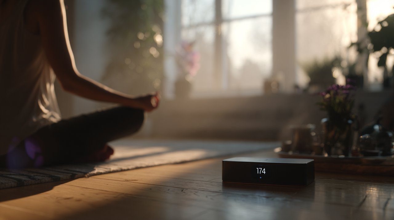 Pessoa meditando e escrevendo um diário, com uma exibição subtil de 174, simbolizando a prática espiritual diária.