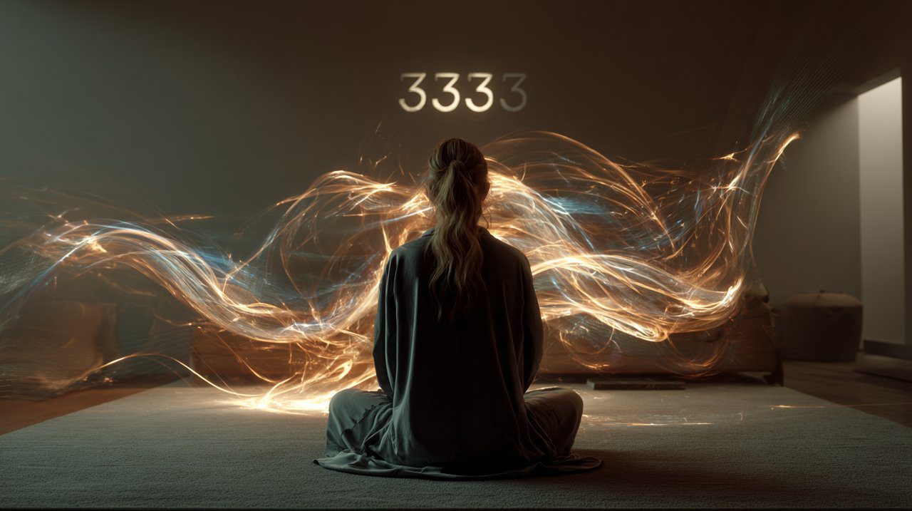 A person meditating with abstract representations of balance and creativity, featuring the number 333.