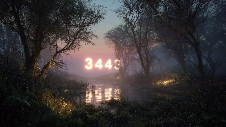 A mystical scene with the numbers 3443 glowing, representing divine guidance.