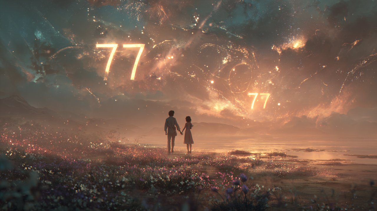 A couple under a celestial sky with glowing 777 numbers, symbolizing divine timing in love.