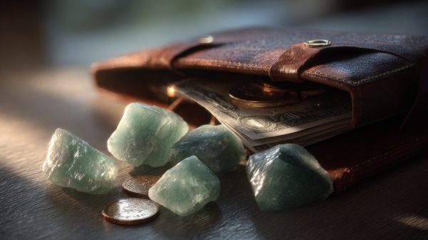 Cristal de aventurina verde junto a una cartera y monedas.