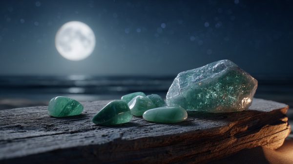 Cristales de aventurina verde bajo la luz de la luna llena.