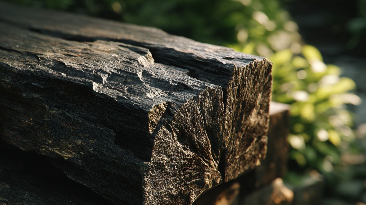 Un primer plano de madera de ébano africano en bruto, mostrando su intenso tono oscuro.