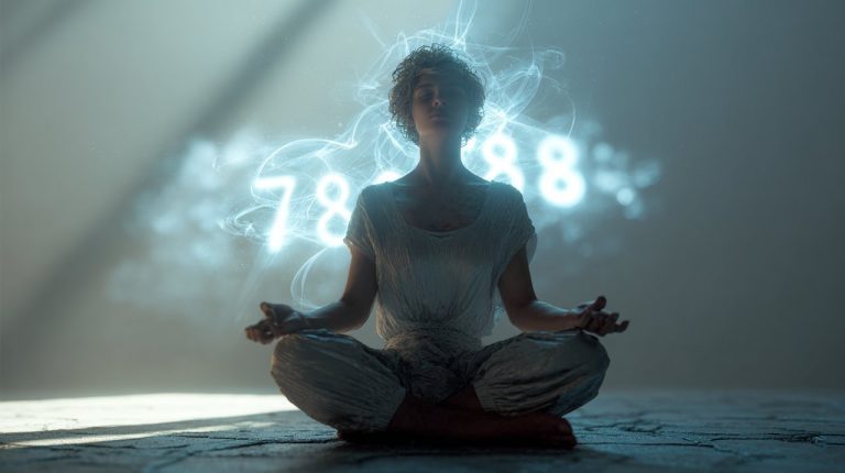 A serene figure meditating amidst a soft, glowing aurora of light, with the subtle, ethereal numbers 888 and 777 hovering gently around them, representing cosmic guidance for financial abundance.