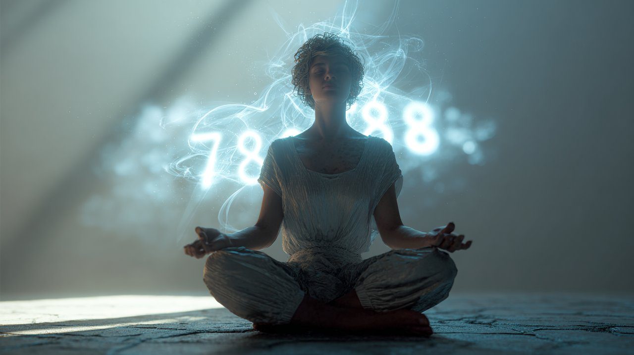 A serene figure meditating amidst a soft, glowing aurora of light, with the subtle, ethereal numbers 888 and 777 hovering gently around them, representing cosmic guidance for financial abundance.