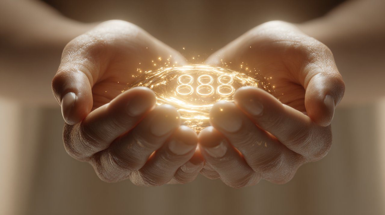 A pair of hands gently cupped, with a subtle golden glow emanating from within, forming the numbers 888 and 777 as if being manifested from light, symbolizing the tangible manifestation of financial abundance through cosmic guidance.
