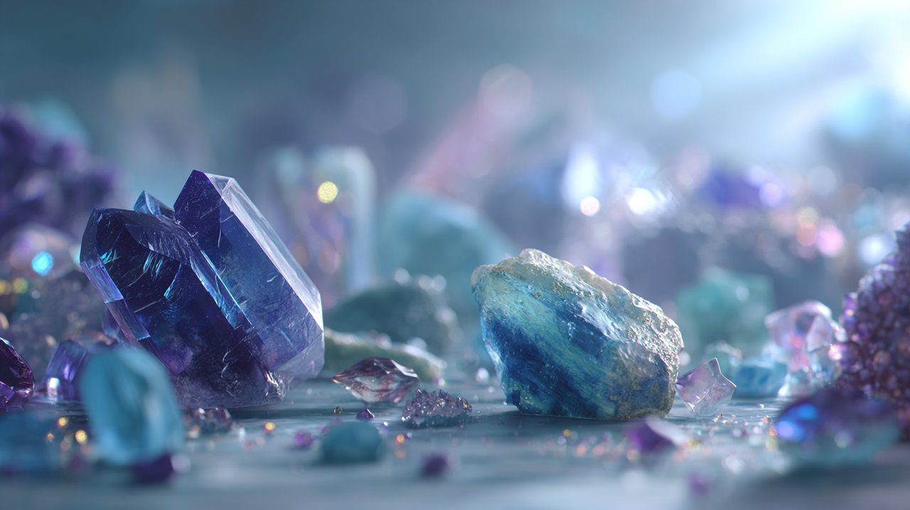 A collection of blue, purple, and green crystals representing Aquarius birthstones, bathed in soft, ethereal light.