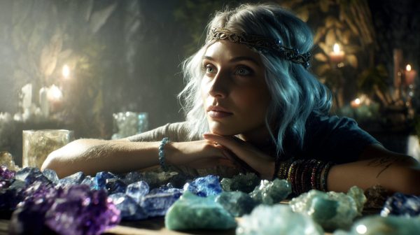 Una mujer Acuario meditando con cristales azules, morados y verdes a su alrededor.