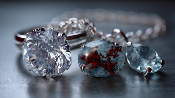 Three Aries birthstones: Diamond, Bloodstone, and Aquamarine.