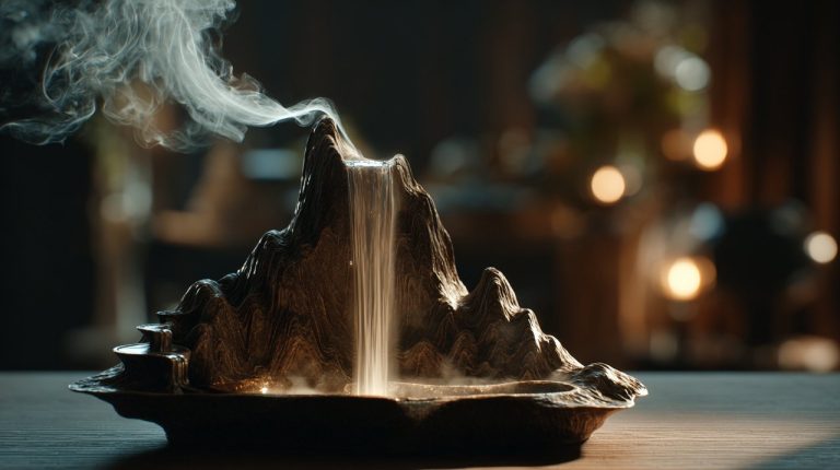 A backflow incense burner showing smoke flowing downwards.