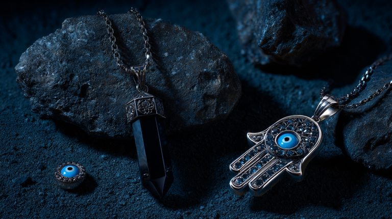 A close-up, photorealistic shot of a collection of protective jewelry, including a gleaming black obsidian pendant, a vibrant blue Evil Eye charm, and a silver Hamsa hand, artfully arranged on a dark, textured surface. Dramatic studio lighting highlights the intricate details and reflective surfaces of each piece, creating a sense of ancient power and modern elegance. Shot on a Hasselblad X1D II 50C, 8K resolution, shallow depth of field.