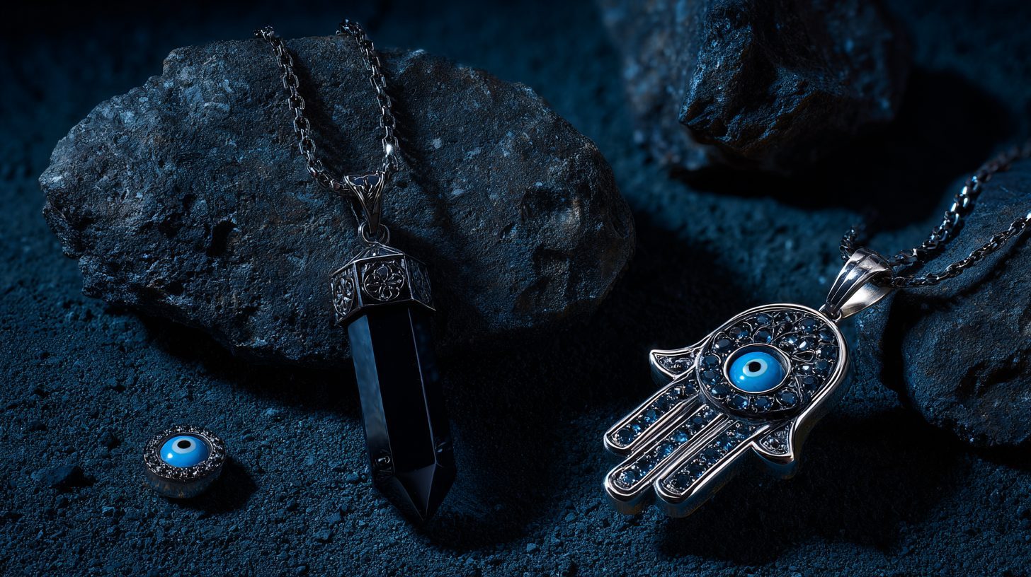 A close-up, photorealistic shot of a collection of protective jewelry, including a gleaming black obsidian pendant, a vibrant blue Evil Eye charm, and a silver Hamsa hand, artfully arranged on a dark, textured surface. Dramatic studio lighting highlights the intricate details and reflective surfaces of each piece, creating a sense of ancient power and modern elegance. Shot on a Hasselblad X1D II 50C, 8K resolution, shallow depth of field.