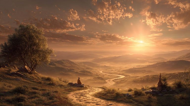 A serene, photorealistic image depicting the Eightfold Path as a winding, luminous path through a tranquil landscape at dawn. Subtle symbolic elements like a meditating figure, a compassionate hand, and a wise owl are integrated along the path. The scene is bathed in soft, golden light, emphasizing hope and clarity. Shot on a DSLR camera, wide-angle lens, 8K resolution, cinematic quality.