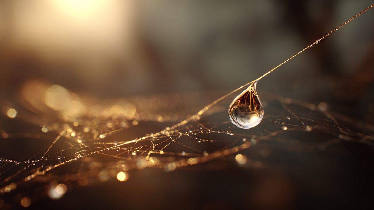 A hyperrealistic close-up of a dewdrop on a spiderweb at sunrise, capturing intricate reflections of the surrounding forest. The delicate threads of the web symbolize interconnectedness, while the ephemeral nature of the dewdrop represents emptiness. Dramatic backlighting creates a soft glow, highlighting the texture and clarity. Shot with a macro lens, 4K, cinematic bokeh.