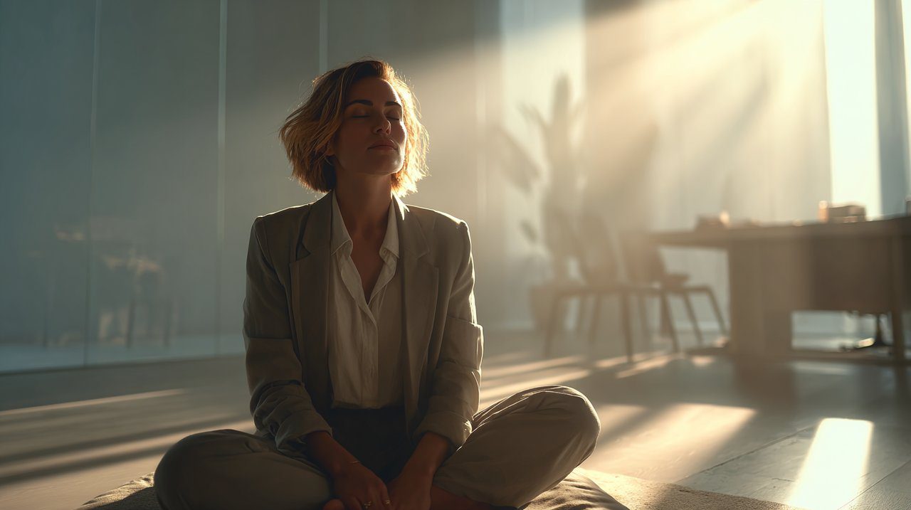 A photorealistic image of a young professional meditating in a minimalist, sunlit home office. The person is sitting on a cushion, eyes gently closed, with a calm expression. Soft, diffused light streams through a large window, creating a serene and warm atmosphere. Modern, clean lines define the space, symbolizing inner peace in a contemporary setting. Shot on a Sony A7III, 4K, shallow depth of field, cinematic lighting.
