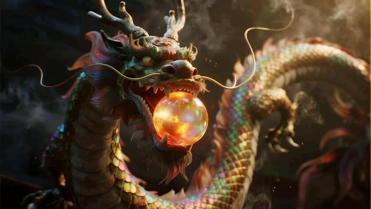 A majestic Chinese dragon, hyperrealistically detailed, holding a luminous, swirling dragon ball in its claw. The dragon's scales shimmer with iridescent light. Dramatic lighting, deep shadows, and subtle mist create an ethereal atmosphere. Shot on a high-resolution camera with a wide-angle lens, capturing the dragon's imposing presence. --ar 16:9