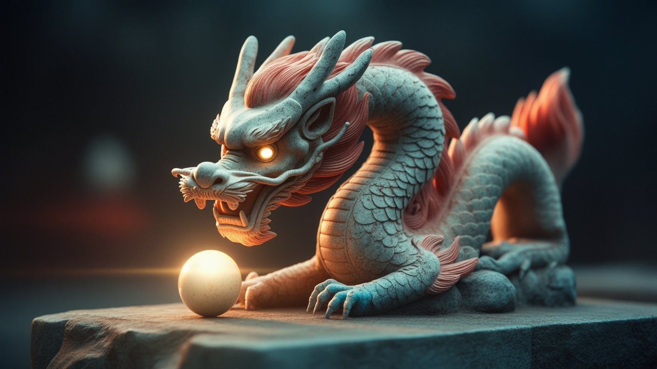 A close-up, photorealistic shot of an ancient, weathered Chinese dragon statue, its eyes gleaming with ancient wisdom, holding a perfectly spherical, glowing dragon ball. The texture of the stone scales is incredibly detailed. Soft, ethereal light emanates from the pearl, illuminating the dragon's face. Shot with a macro lens to capture fine details, 8K resolution, cinematic lighting. --ar 16:9