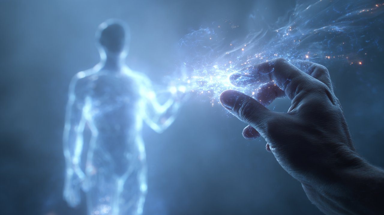 Representação abstrata de limpeza de energia, com uma varinha de cristal brilhante direcionando luz para purificar uma aura.