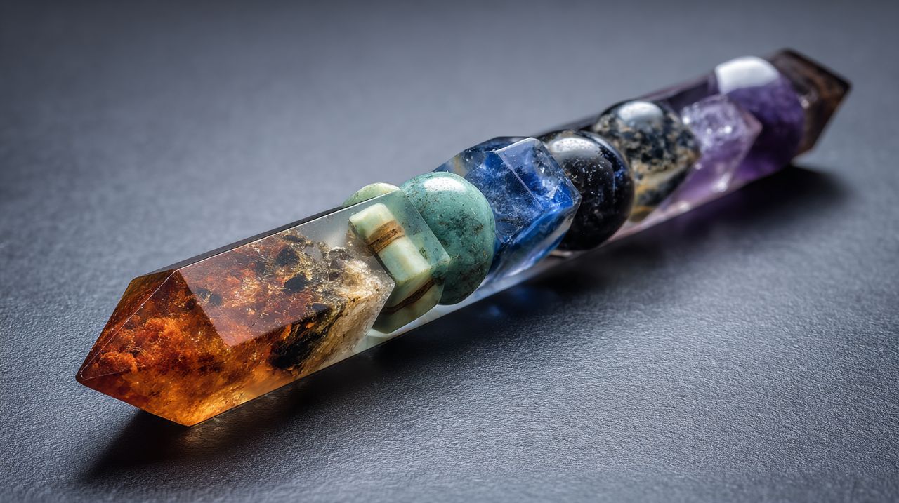 Uma varinha de cristal combinada de sete chakras meticulosamente elaborada, exibindo diferentes pedras preciosas coloridas.
